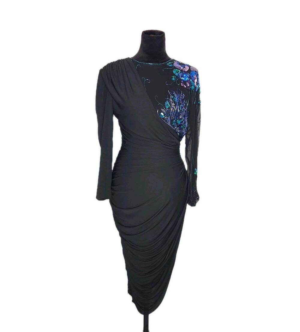 VTG 80s Casadei Dress Sequins Black Cocktail Asymmetrical Ruched Sheer Side Sz M